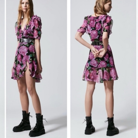 THE KOOPLES Winter Peonies Floral Print Short Sleeve  Ruffled Mini Dress Large - Picture 4 of 14